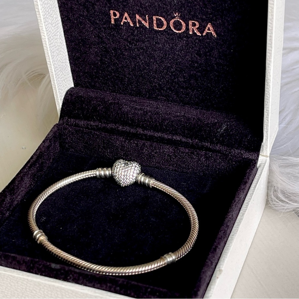 Authentic Pandora | Pave Heart Clasp 6.7 Inch Snake Chain Bracelet 925 ALE